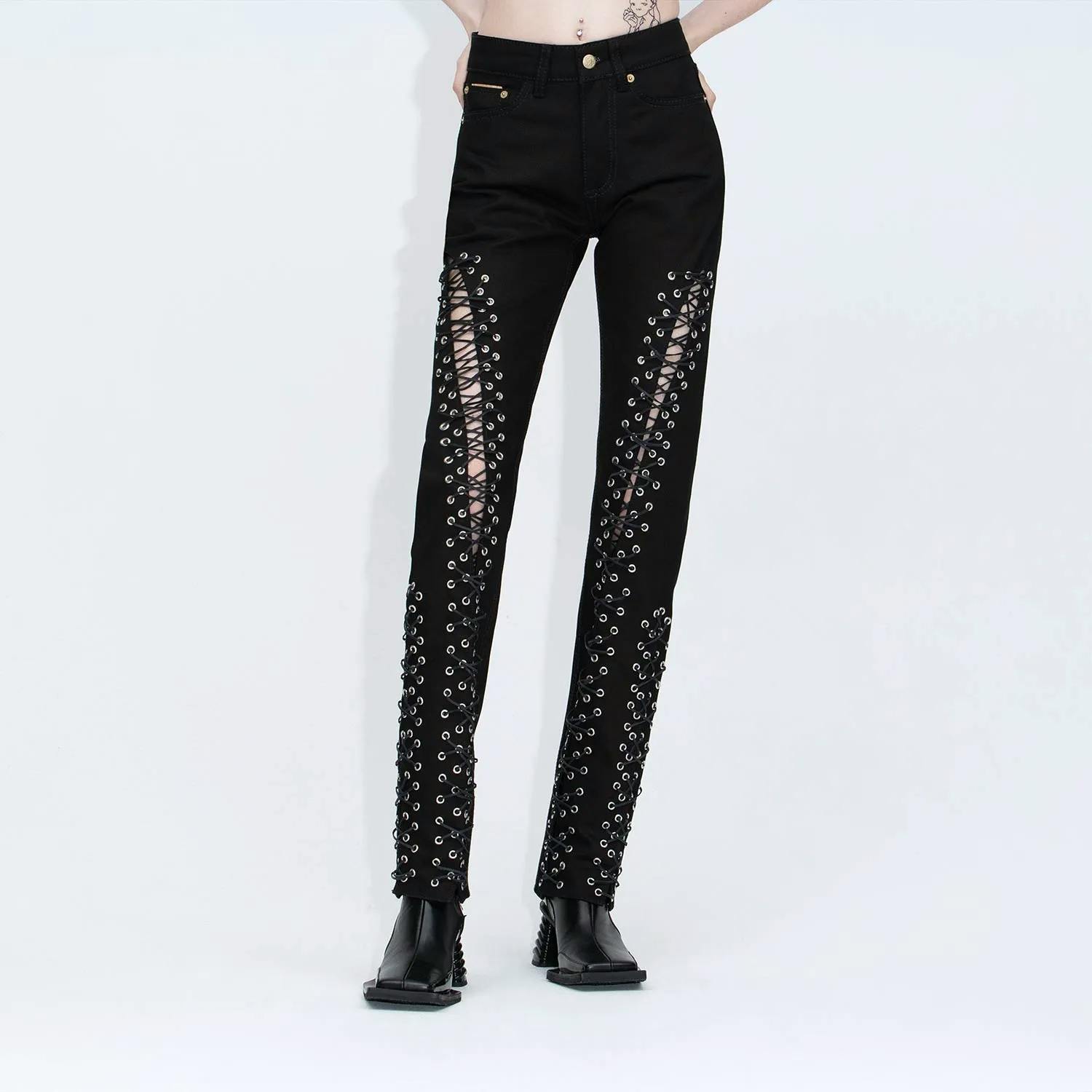 DIESEL BLACK GOLD Womens Leather Trousers Stretchy Metal Studs